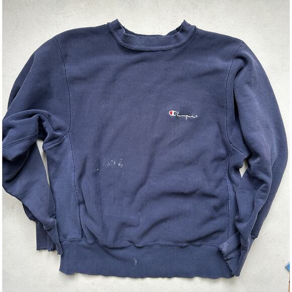 Vtg 80's Champion Reverse Weave Sweatshirt Thrashed Distressed Worn Blue Medium - Picture 1 of 16